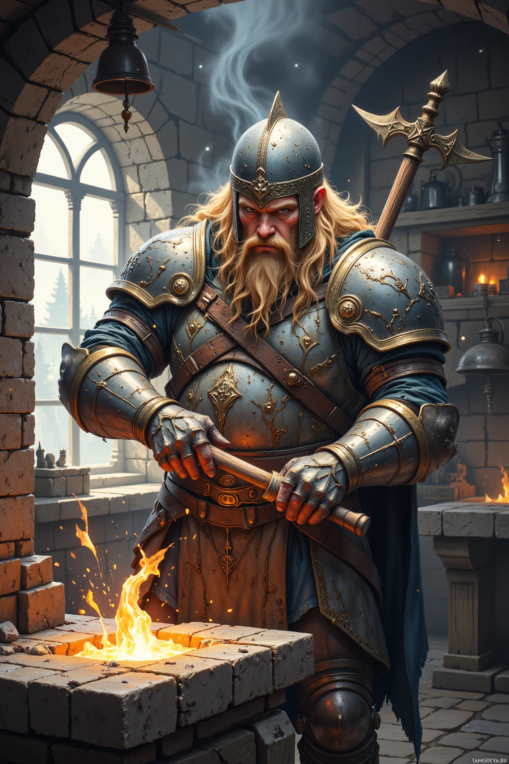 A warrior in ornate armor stands in a stone-walled room, holding a weapon.