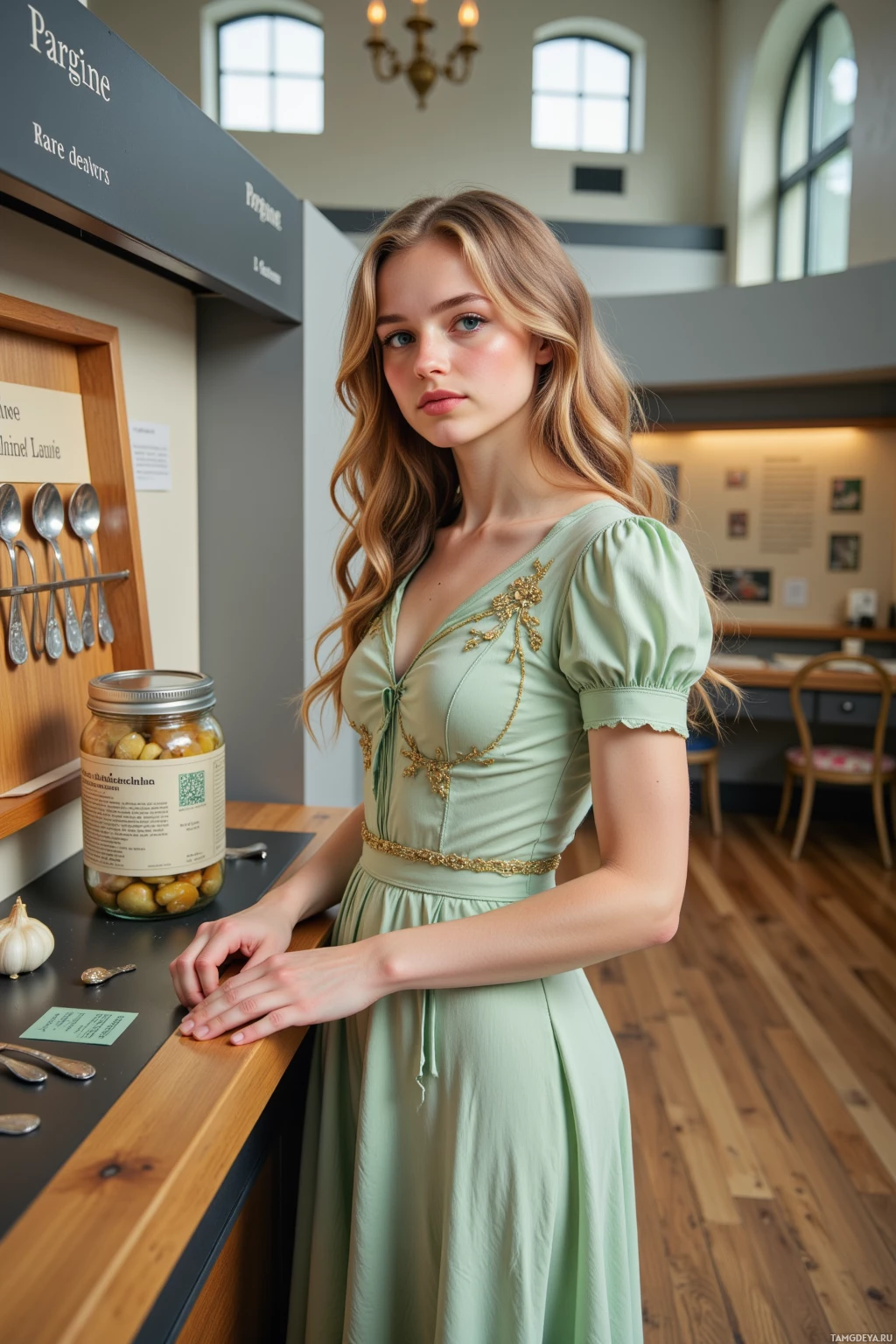 A woman in a green dress stands indoors near a display of jars and spoons.