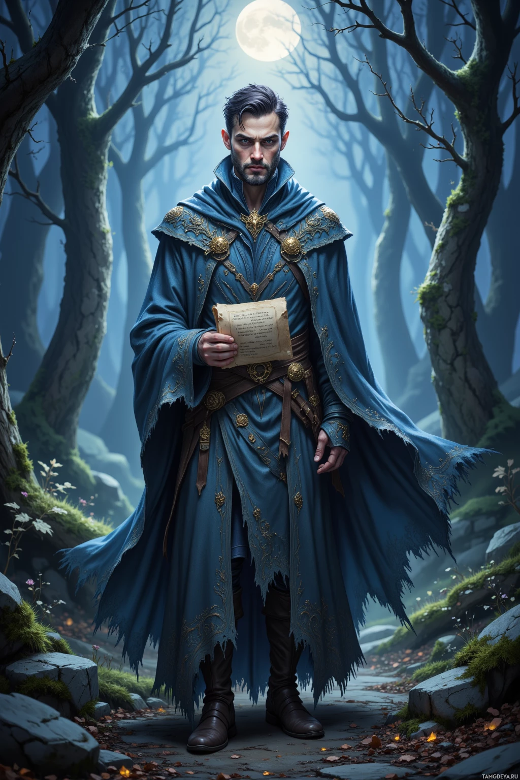 A man in a blue, ornate robe stands in a moonlit forest.