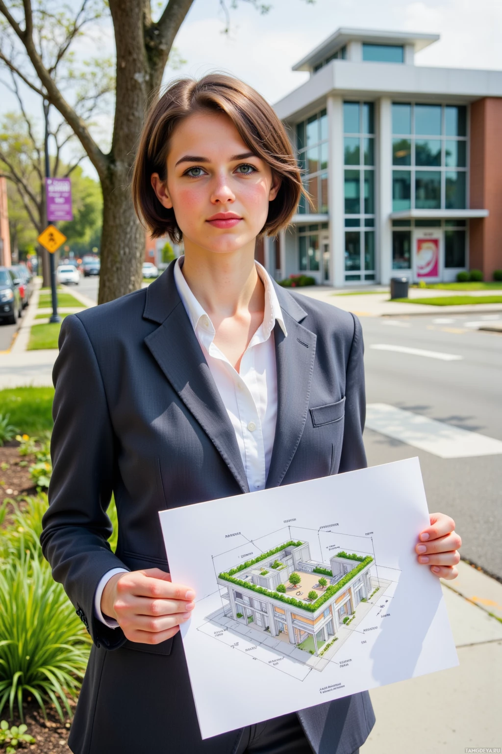 A woman in a suit holds a blueprint of a building design.