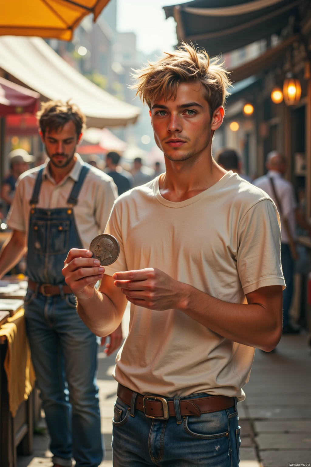 A young man in a beige t-shirt and jeans holds a coin in his hands on a bustling street.