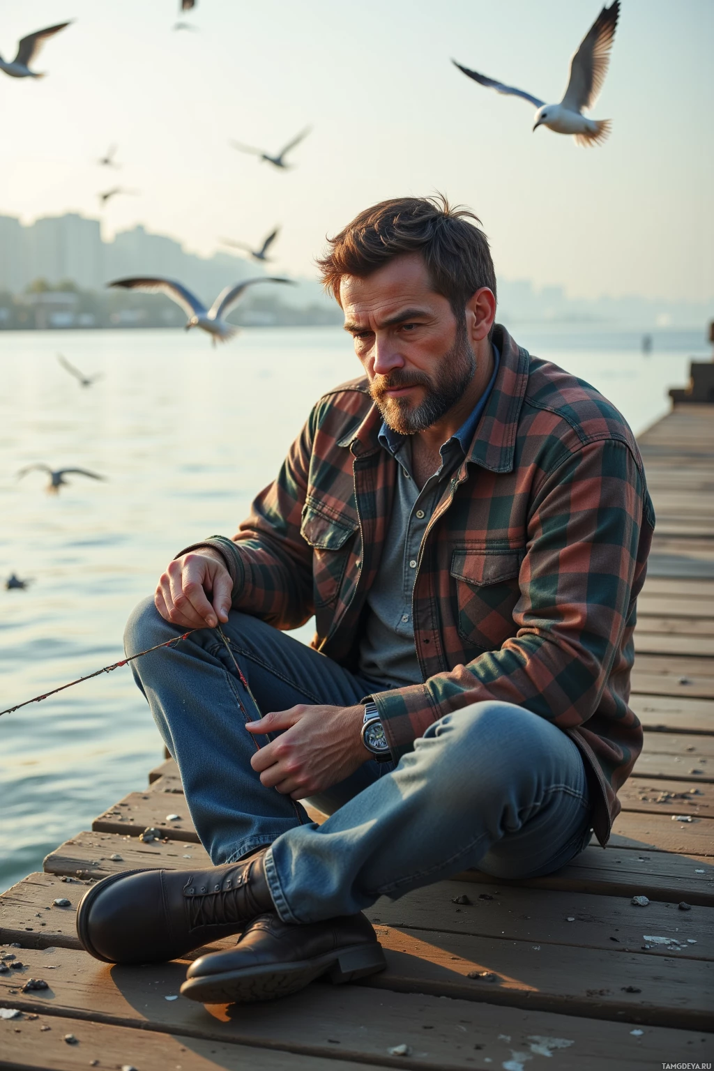 A man sits on a dock by the water, holding a fishing rod, with seagulls flying overhead.
