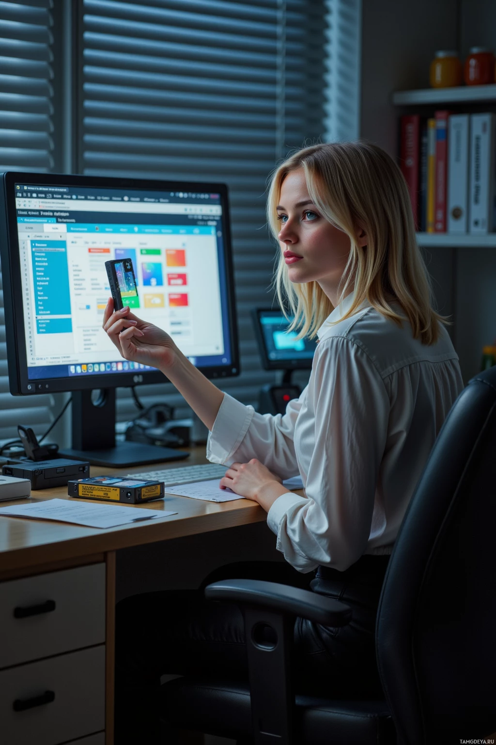 A woman sits at a desk in an office, holding a smartphone and looking at a computer screen.