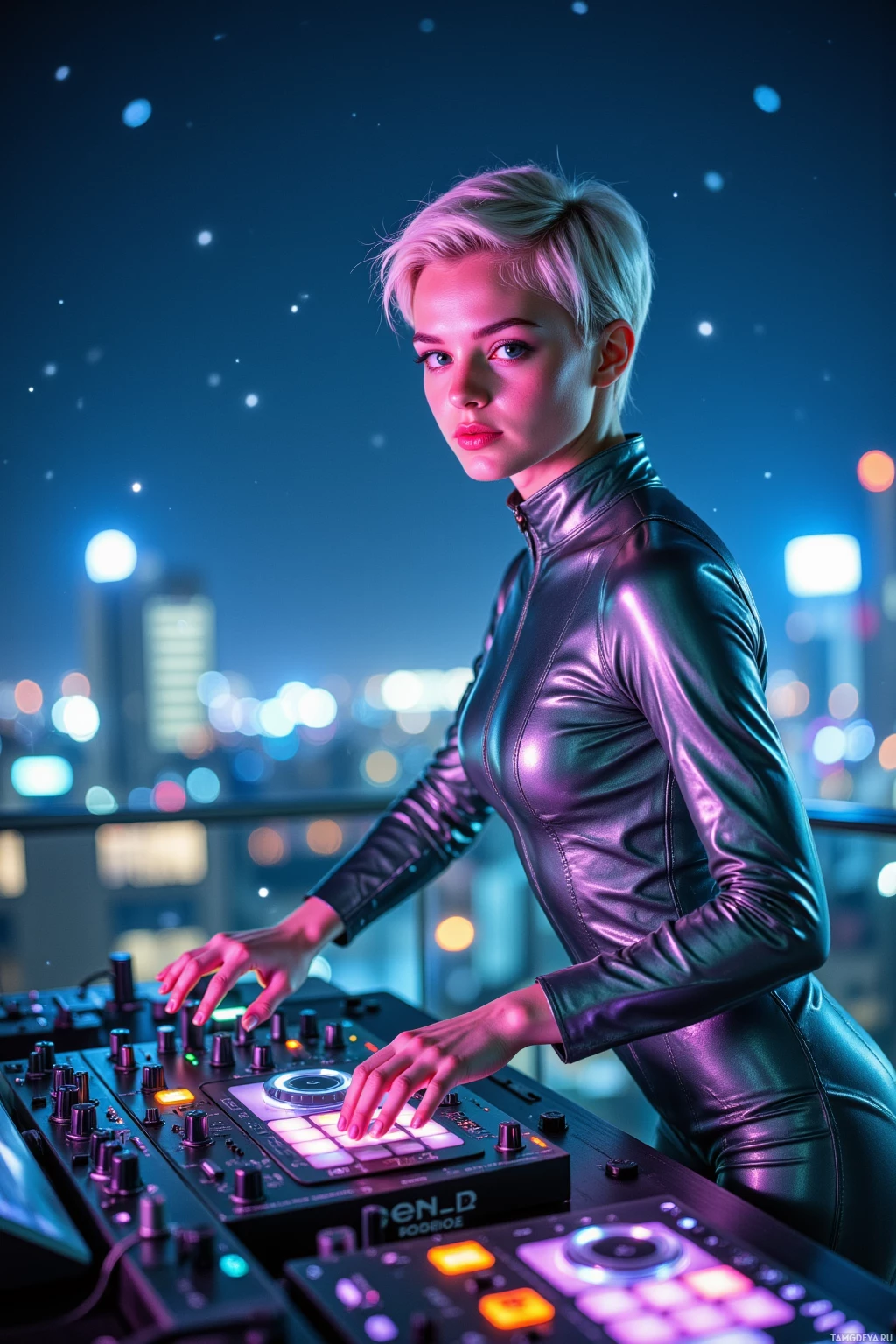 A person in a futuristic setting, wearing a metallic outfit, is operating a DJ mixing console.