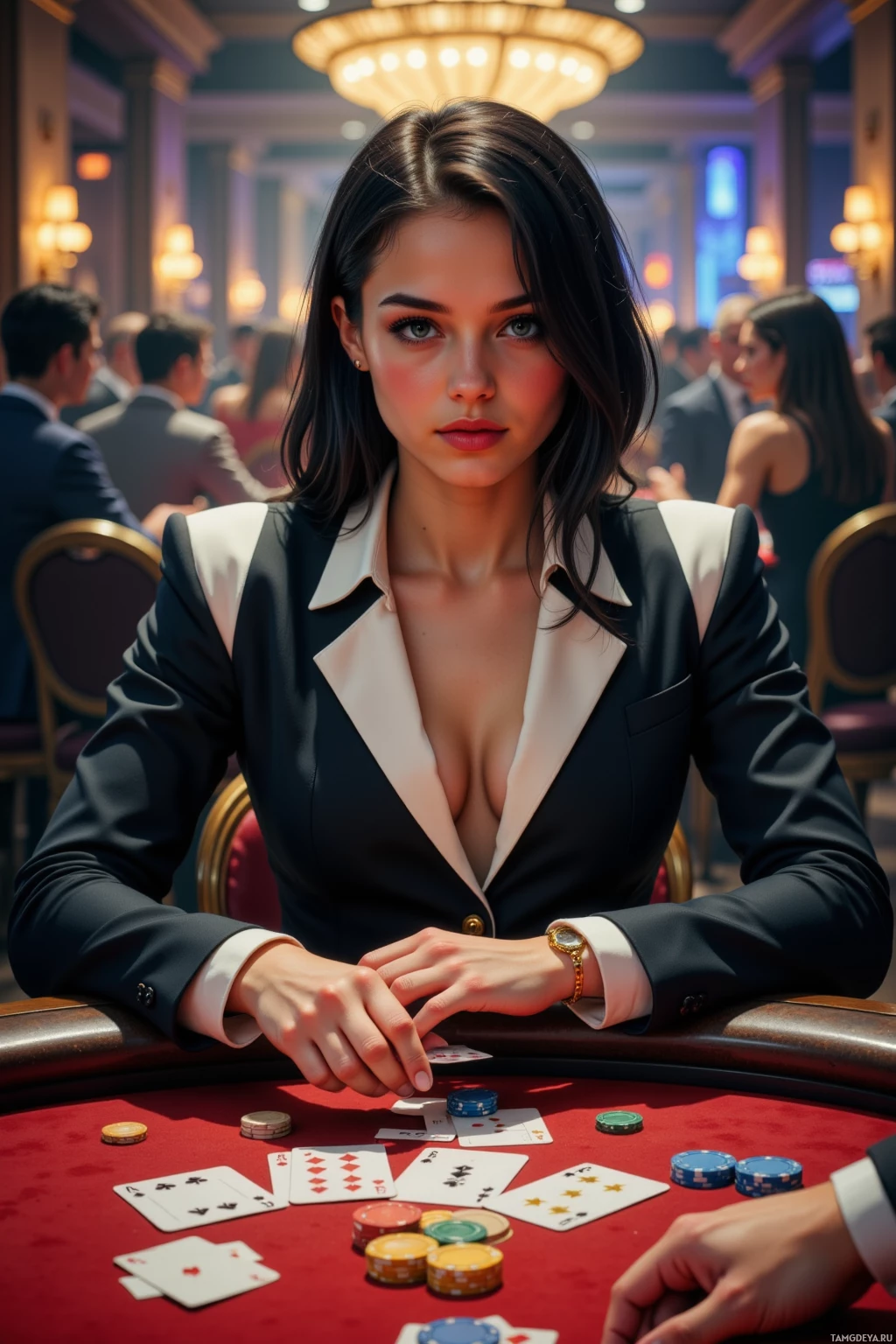 A woman in a formal suit is seated at a poker table in a casino.