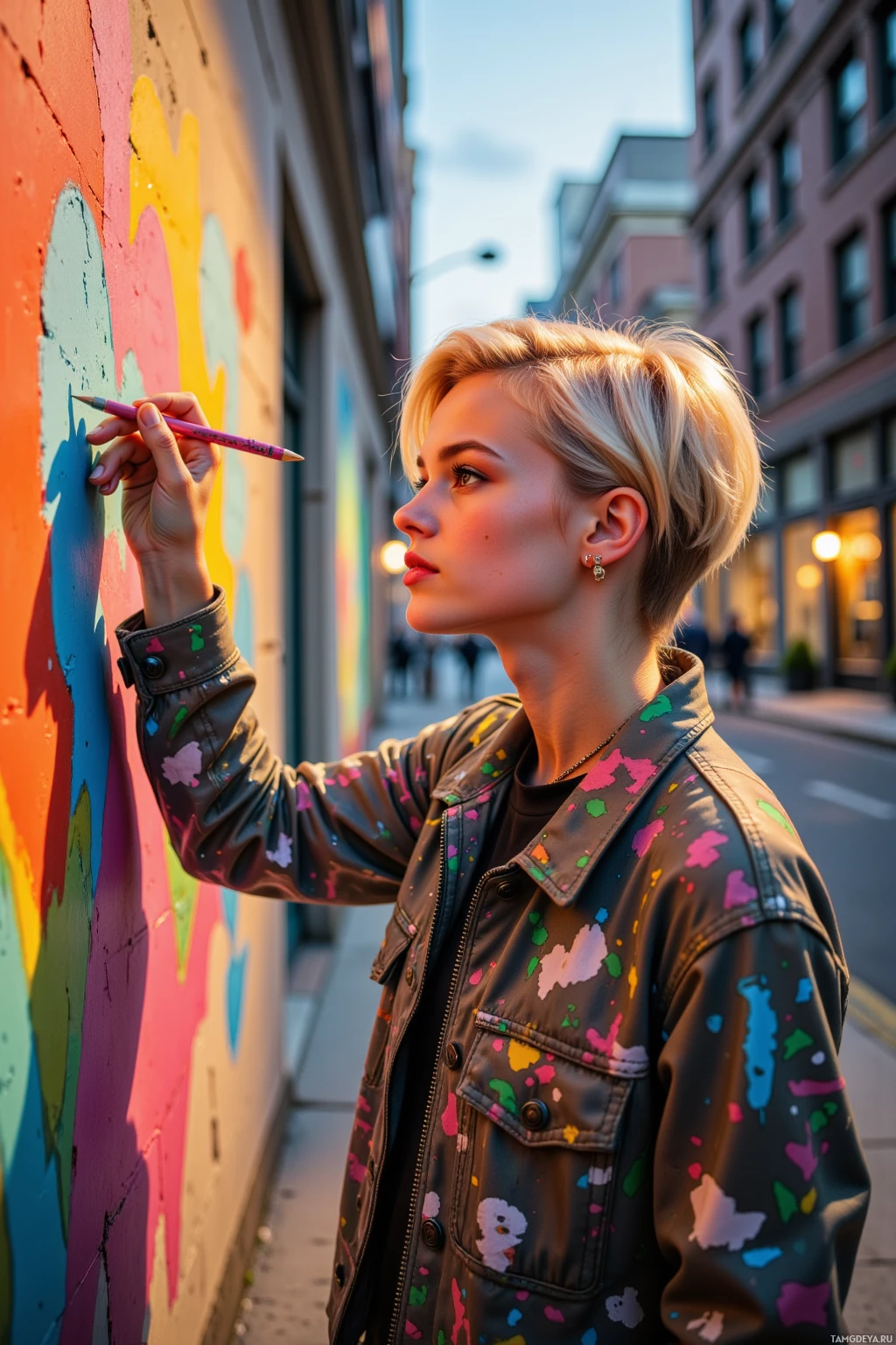 A person wearing a colorful jacket stands near a wall with graffiti, holding a pencil.