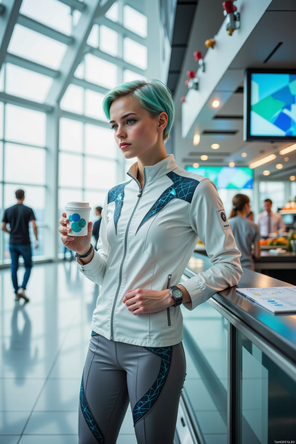 A person in a white and gray outfit holds a coffee cup in a modern, well-lit interior space.