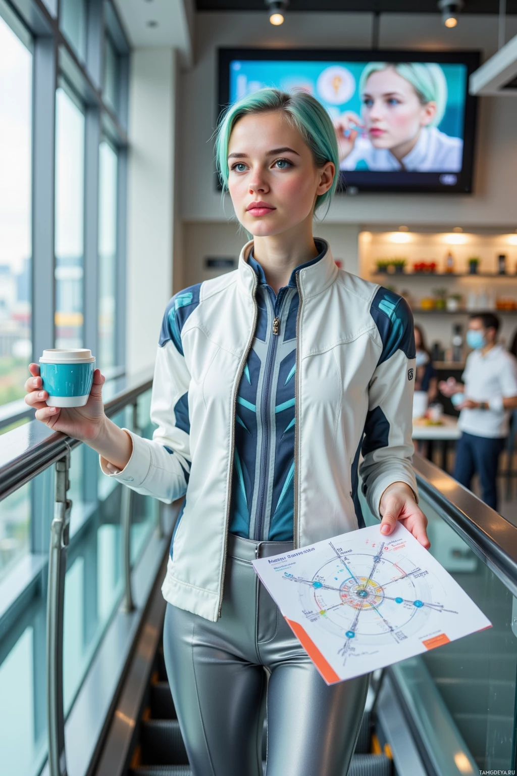 A person in a white jacket holds a coffee cup and a diagram while standing on an escalator.