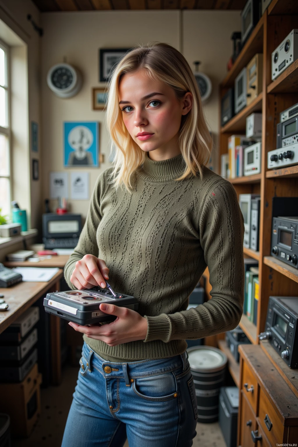 A person in a green sweater and jeans stands in a room with shelves of vintage electronics and a clock on the wall.