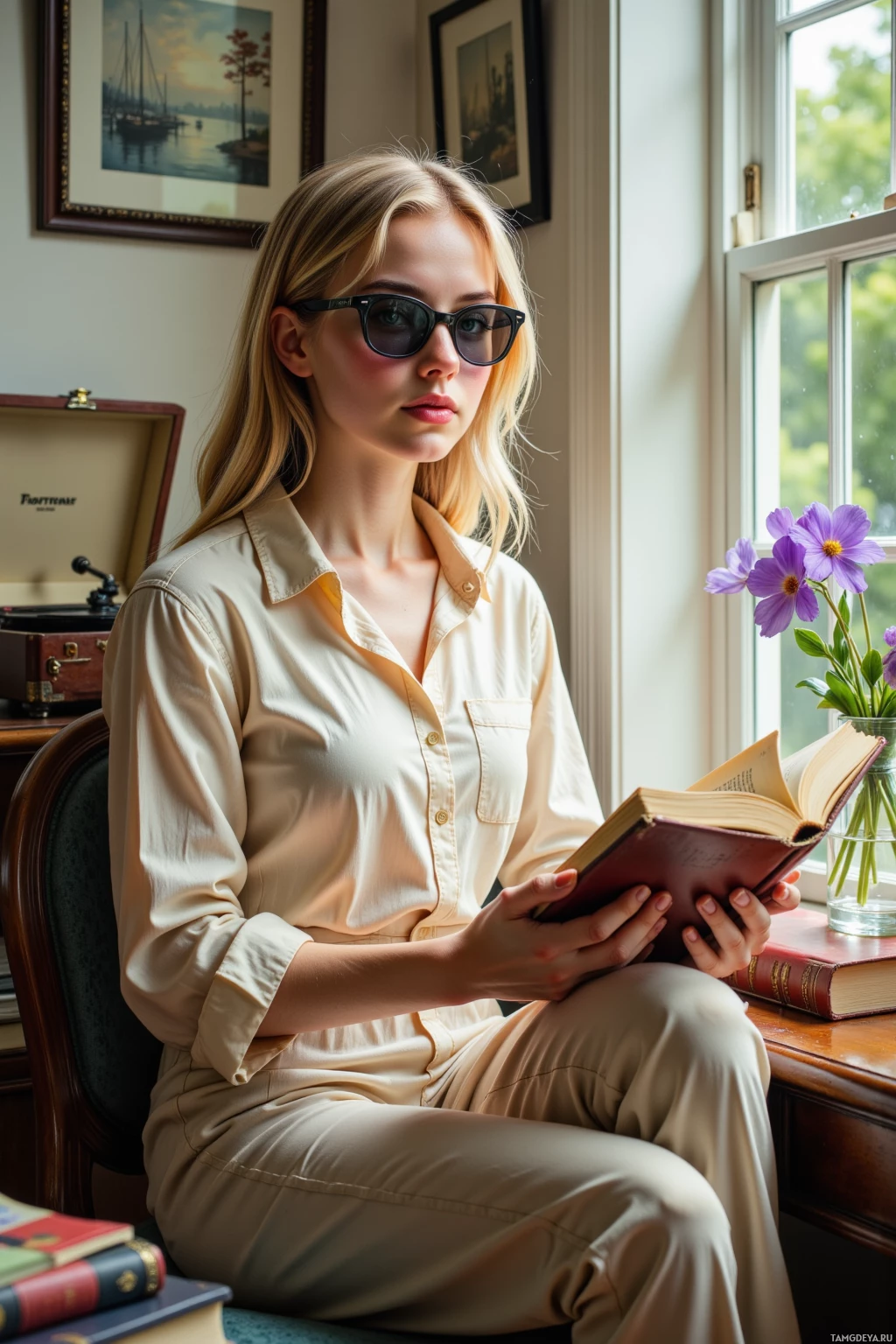 A woman in a beige outfit sits by a window, reading a book.