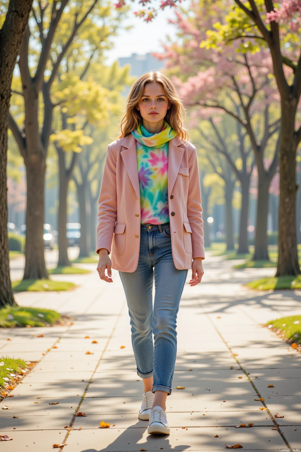 A woman walks down a sidewalk in a park, wearing a pink blazer, tie-dye shirt, jeans, and white sneakers.