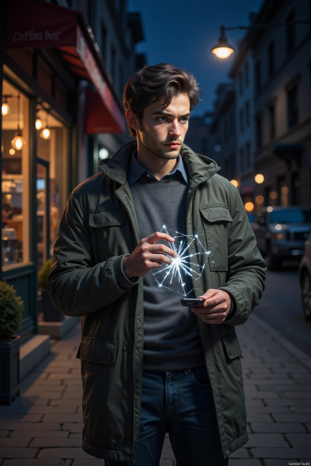 A man stands on a street at dusk, holding a glowing smartphone.