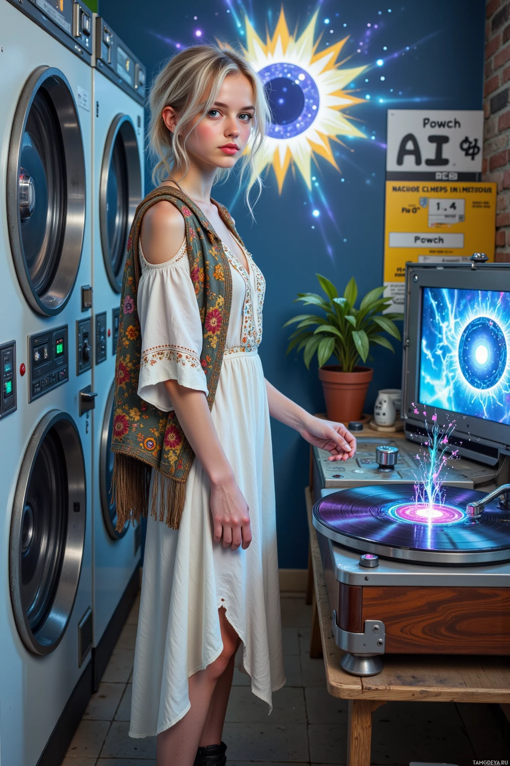 A woman in a white dress stands in a laundromat with a retro record player and a glowing AI sign in the background.