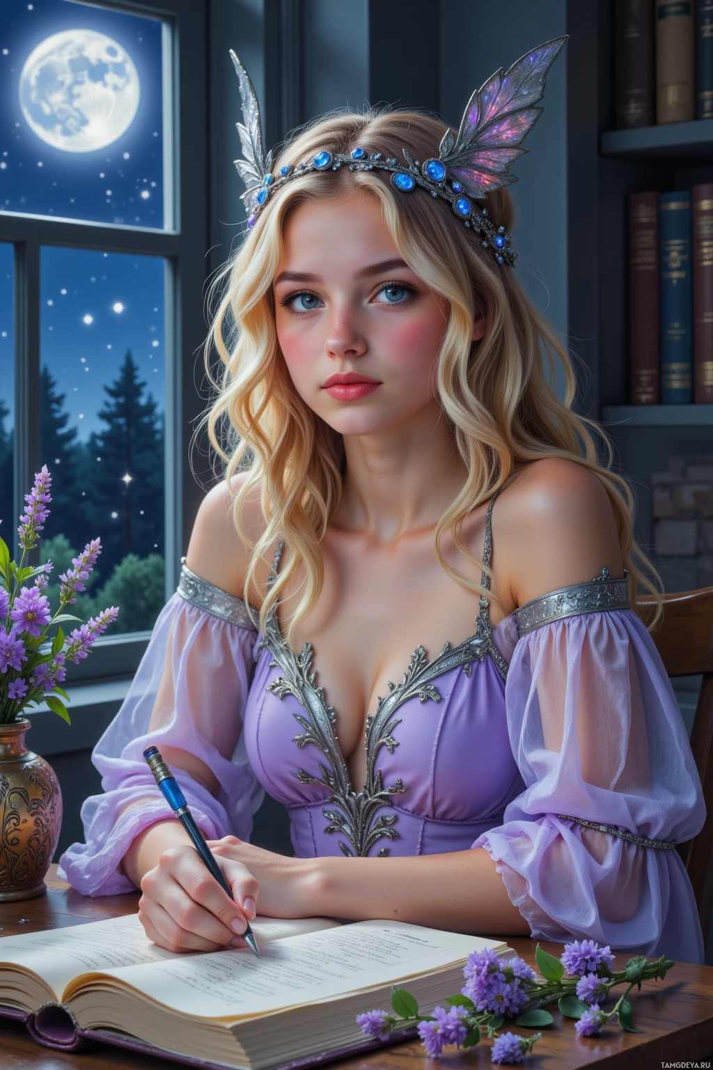 A young woman with a crown writes in a book by a window at night.