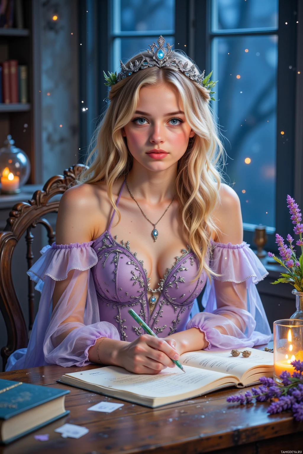 A woman in a purple dress with a tiara sits at a desk, writing in a book.