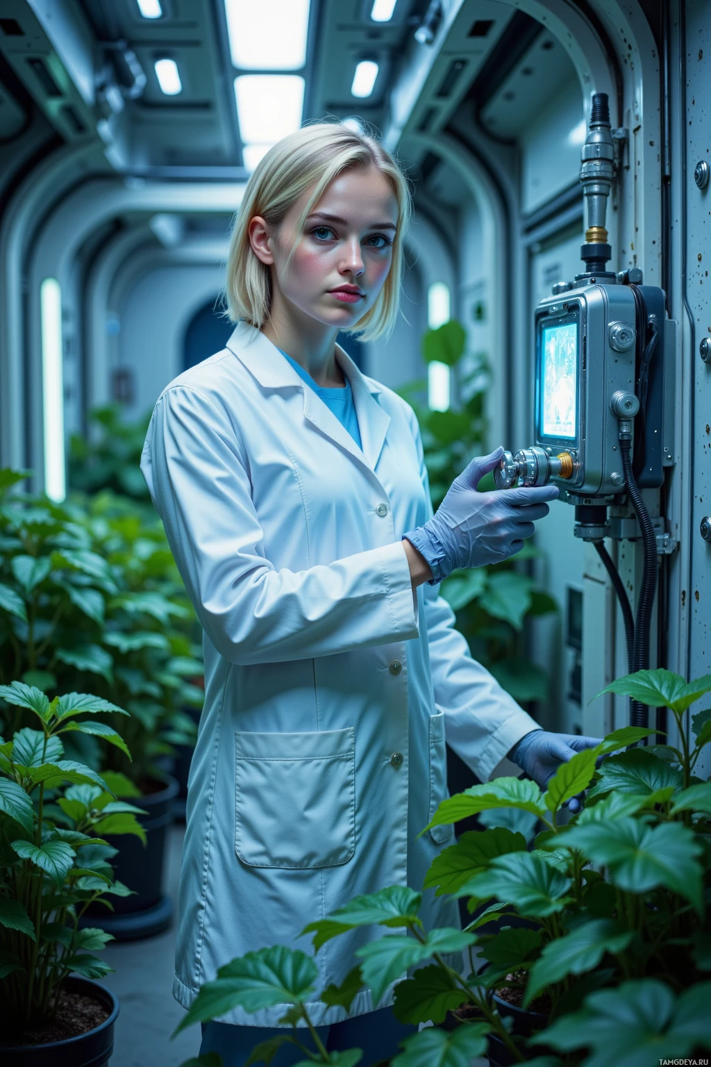 A scientist in a lab coat and gloves works with plants in a controlled environment.