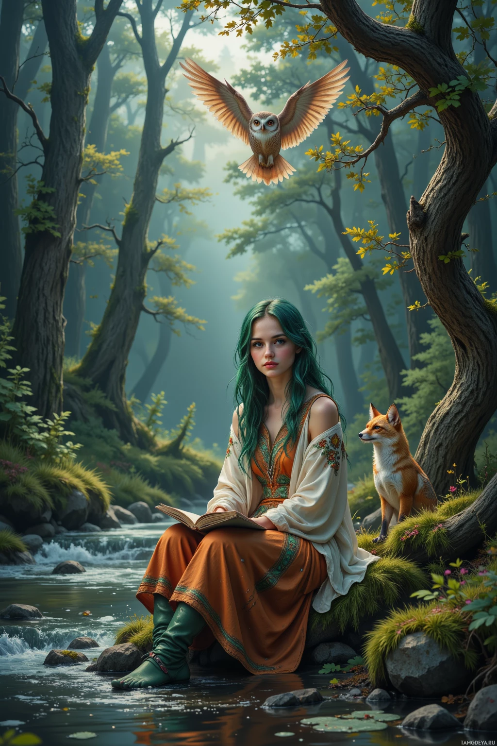 A woman with green hair sits by a river, reading a book, with an owl and a fox nearby in a forest setting.