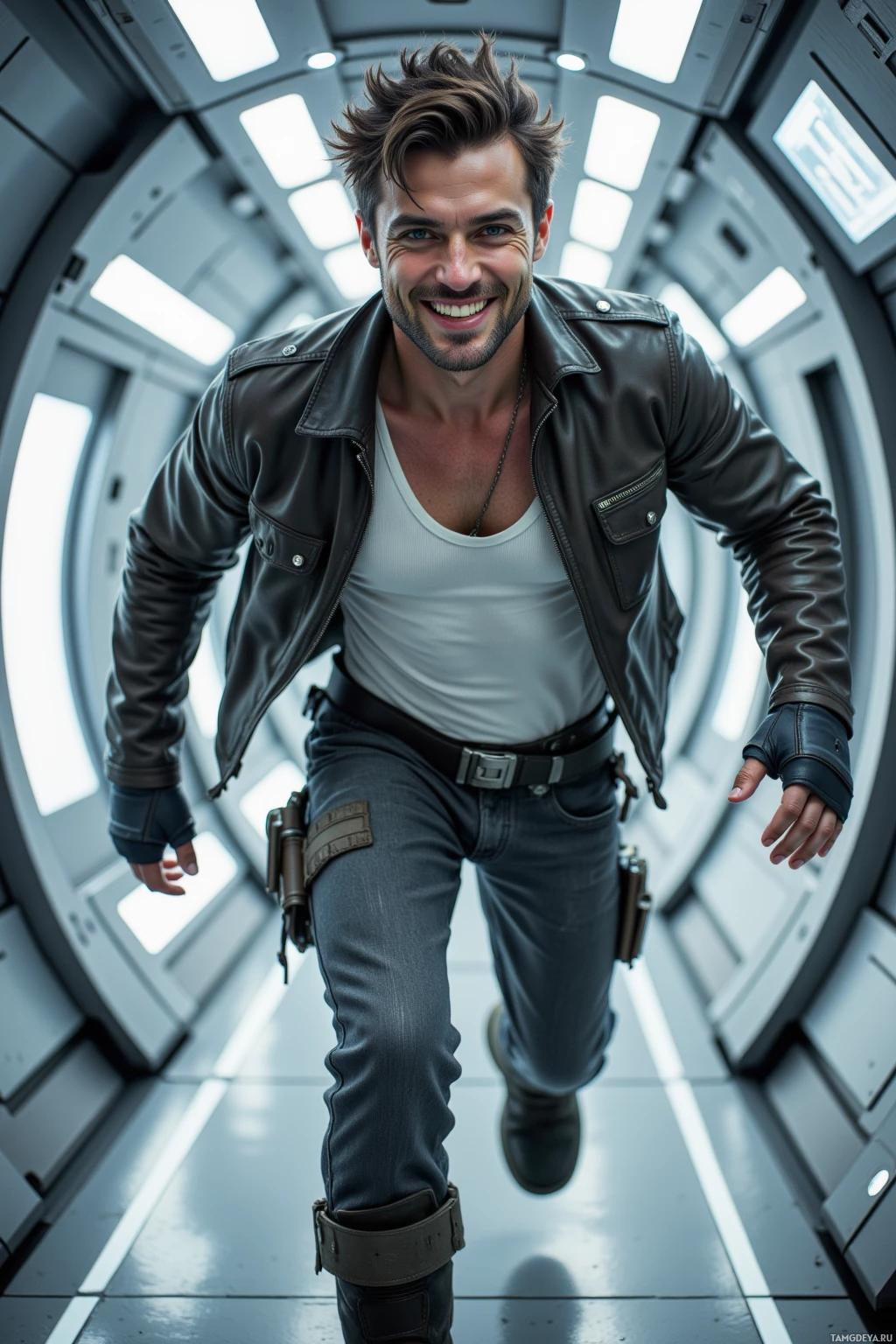 A man in a leather jacket and jeans stands in a futuristic corridor.