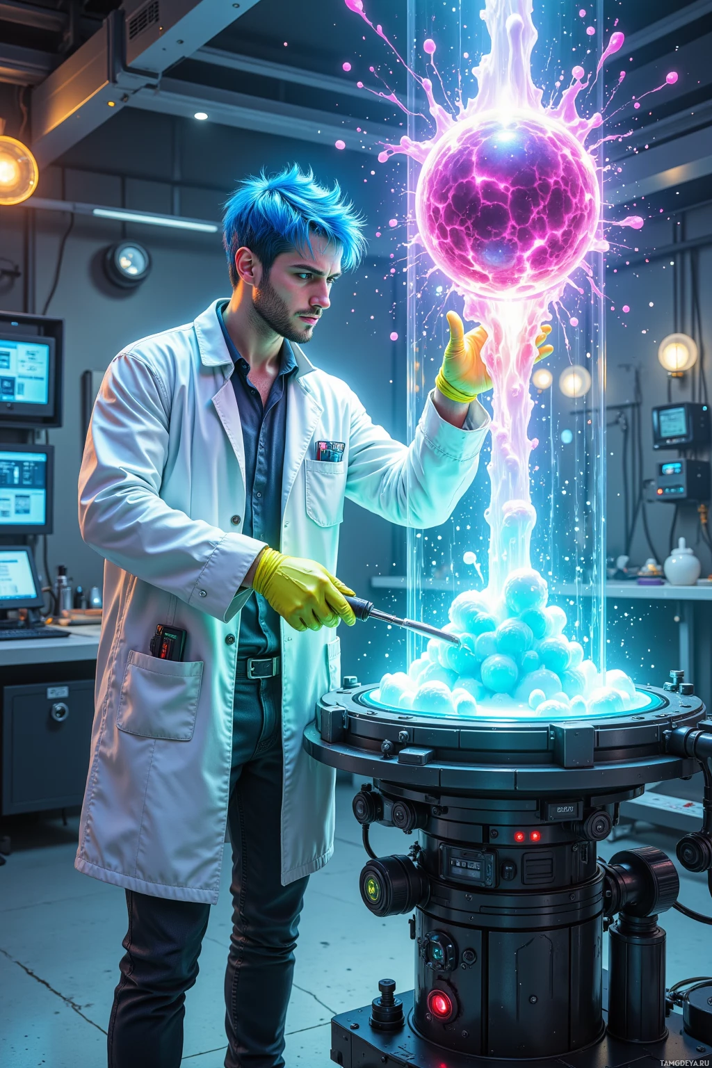 A scientist in a lab coat and gloves interacts with a glowing, energy-emitting sphere in a futuristic laboratory setting.