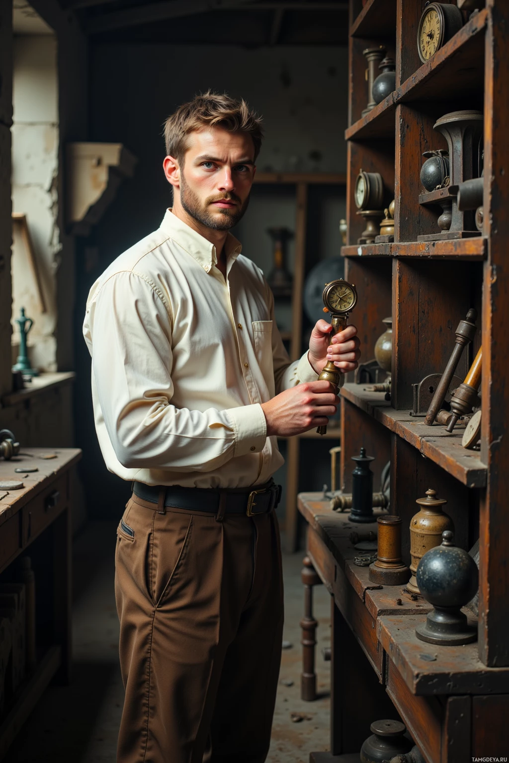 A man in a workshop holding a small clock.