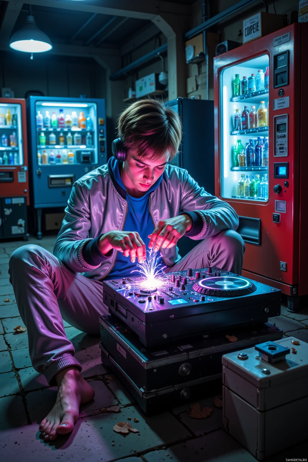 A person sits on the ground, wearing headphones, and interacts with a glowing DJ mixer in a dimly lit setting.
