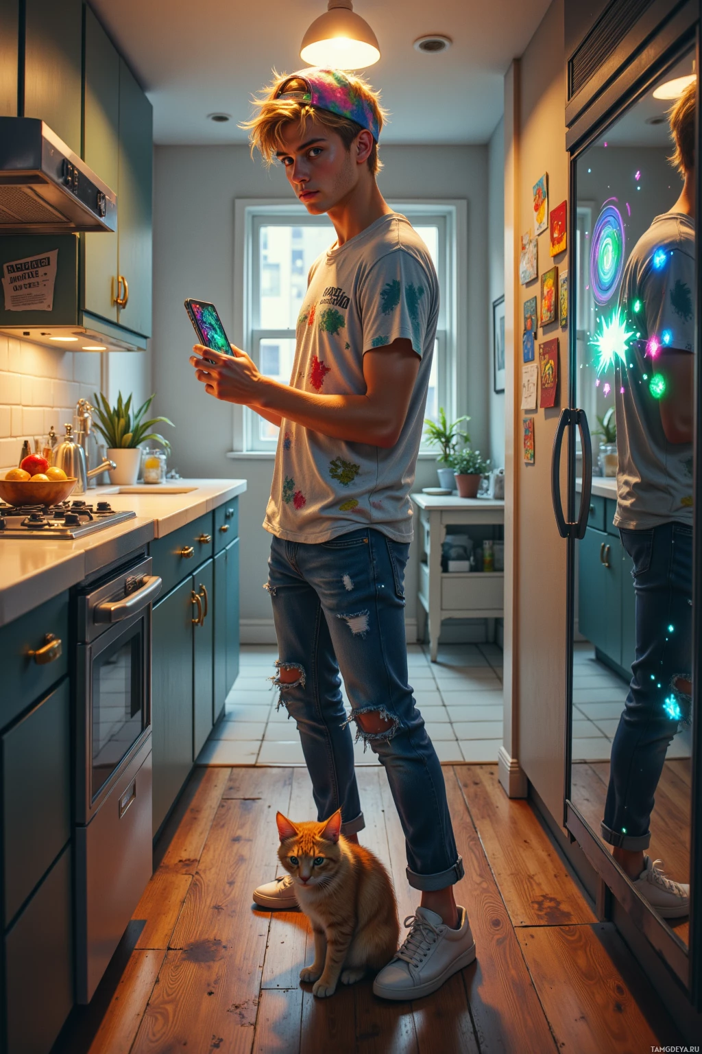 A young man stands in a kitchen holding a phone, with a cat sitting on the floor nearby.
