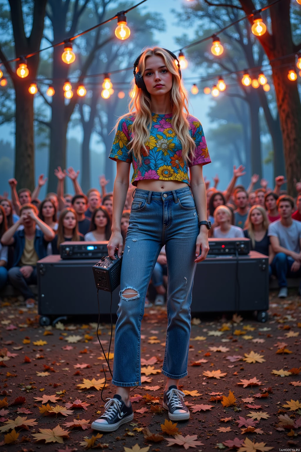 A young woman stands outdoors in front of a crowd, wearing headphones, a floral crop top, and jeans, with string lights and autumn leaves in the background.