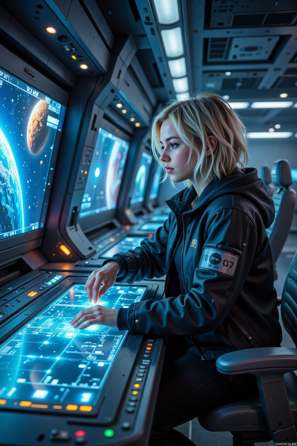 A person in a futuristic control room operates a large, illuminated panel.