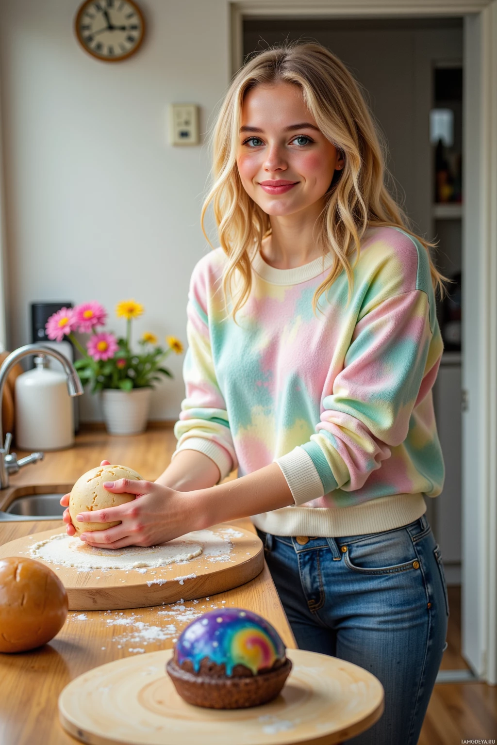 A person in a pastel sweater stands in a kitchen, holding a ball of dough on a floured surface.