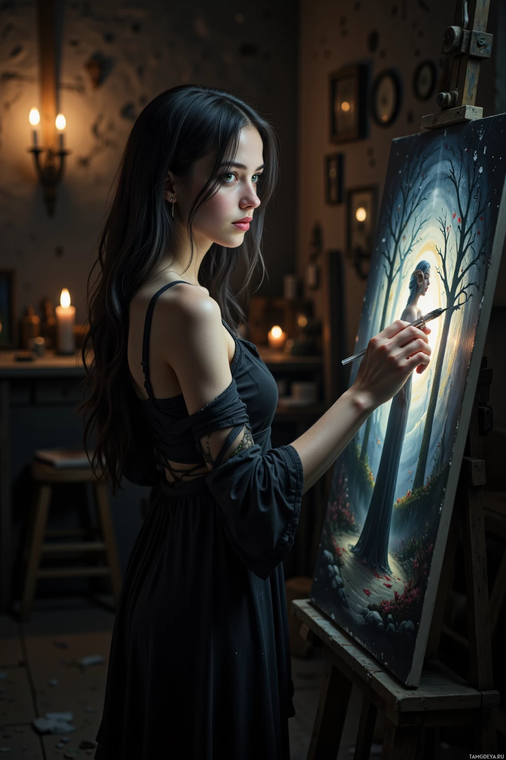 A woman in a dark dress paints a landscape on an easel in a dimly lit studio.