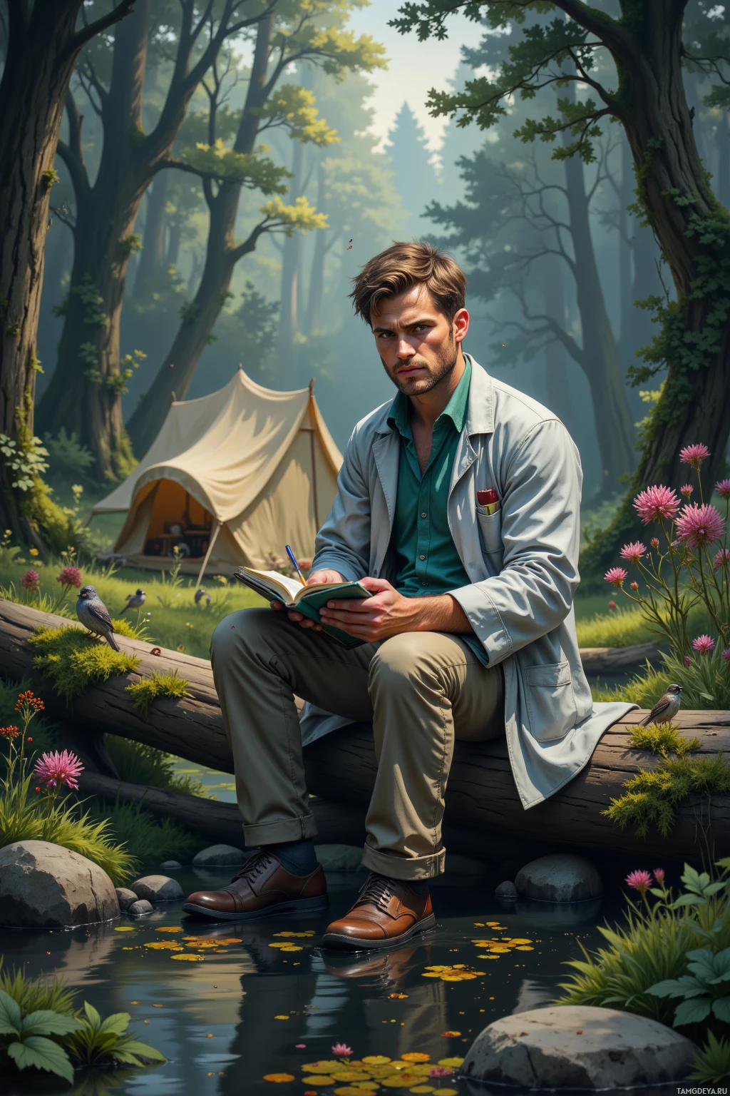 A man sits on a log by a pond, writing in a notebook with a tent and forest in the background.