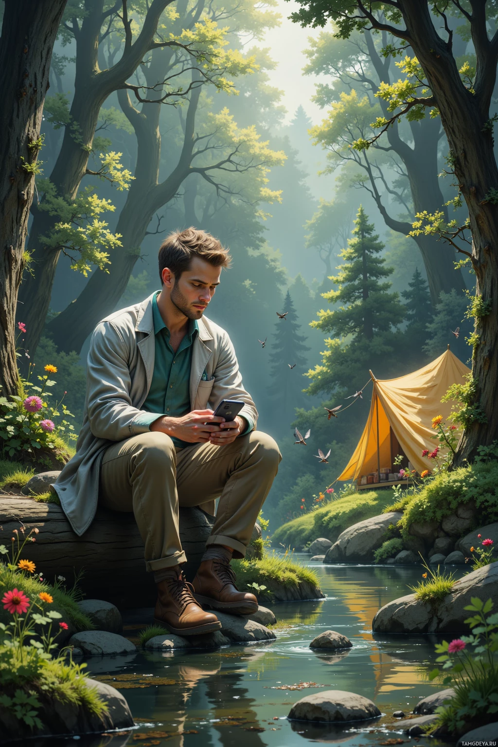 A man sits on a log by a serene stream in a lush forest, holding a phone.