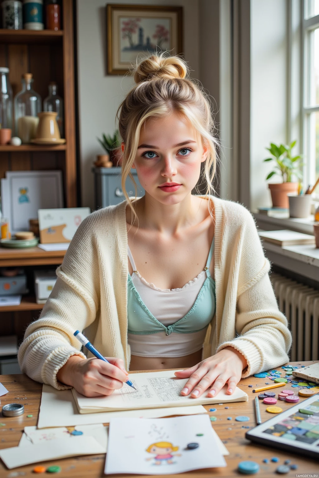 A young woman is sitting at a desk, writing in a notebook with a pen.