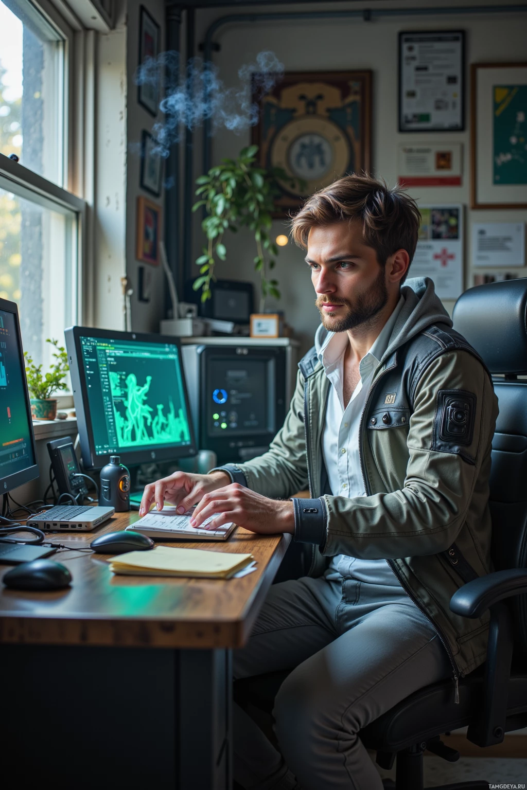 A person is seated at a desk working on a computer in a well-lit room.