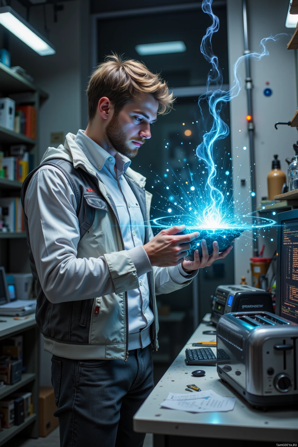 A man in a lab setting holds a glowing, futuristic device emitting blue energy.