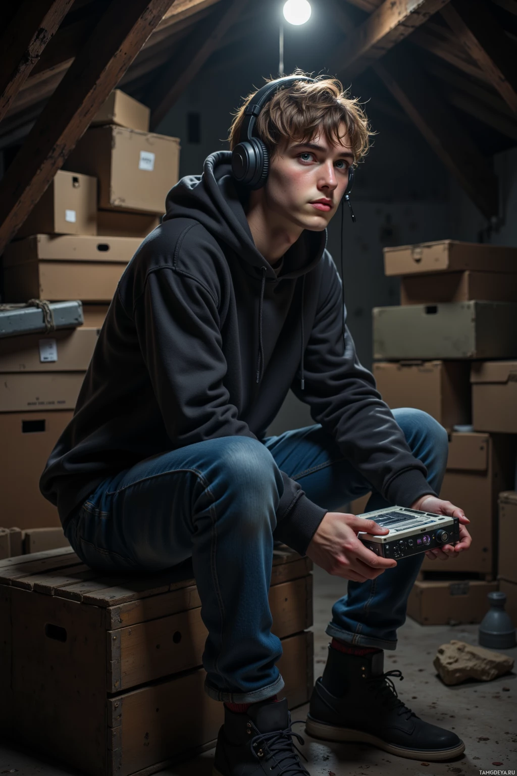 A young person wearing headphones and a hoodie sits on a stack of boxes in a dimly lit attic.