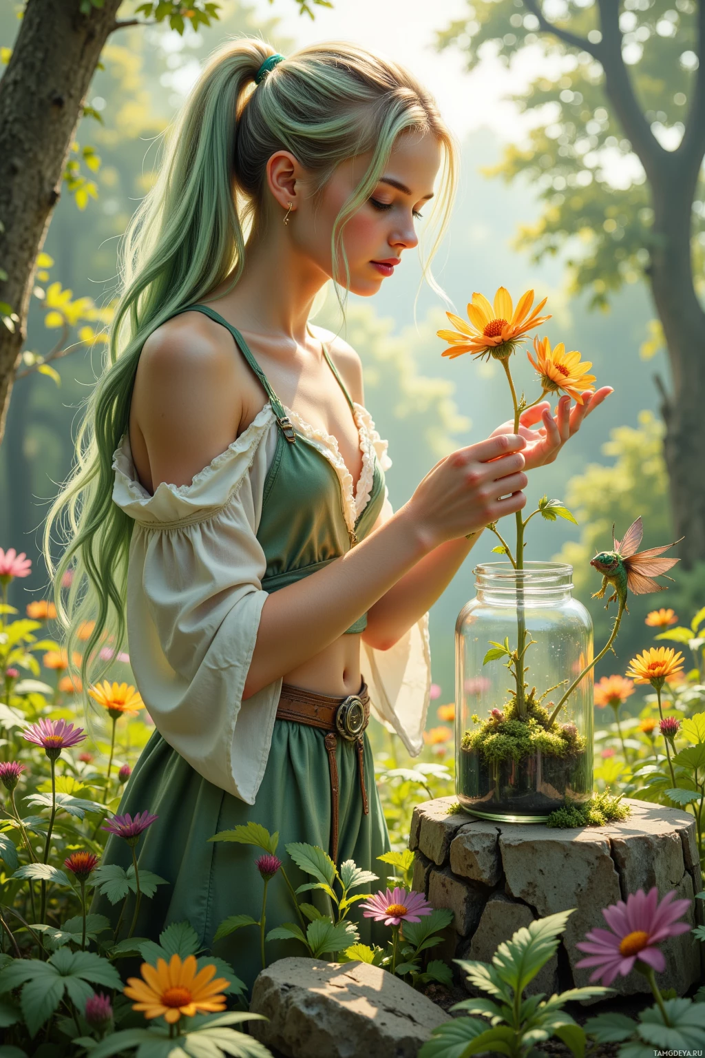 A woman with long green hair in a ponytail stands in a garden, holding a flower near a glass jar filled with moss and a small insect.