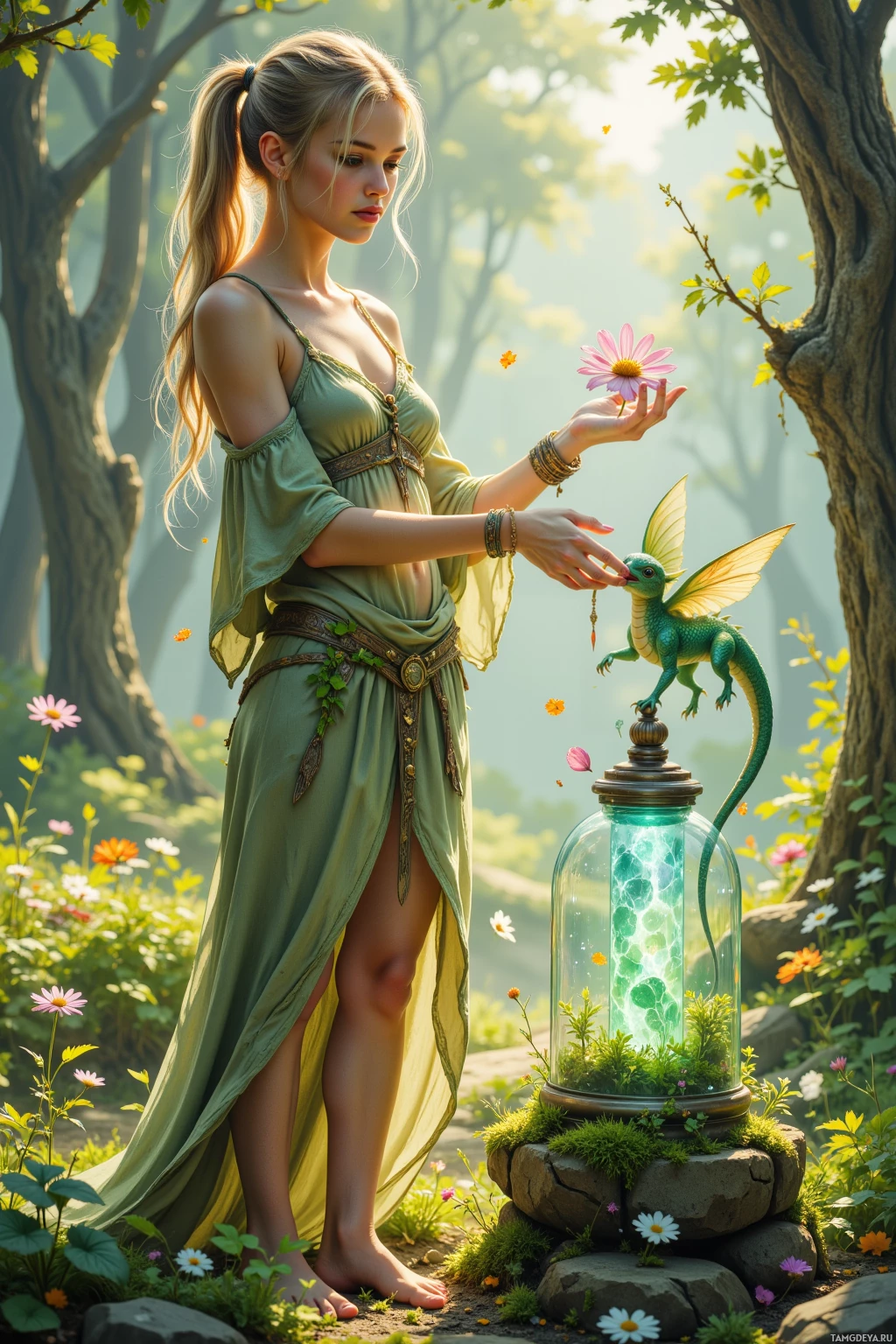 A woman in a flowing green dress stands in a forest, holding a flower near a glass dome containing a small green dragon.