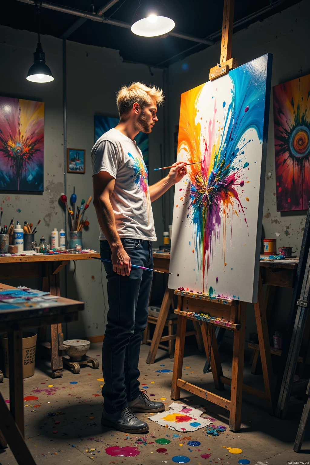 A person is painting a vibrant abstract artwork in a studio.