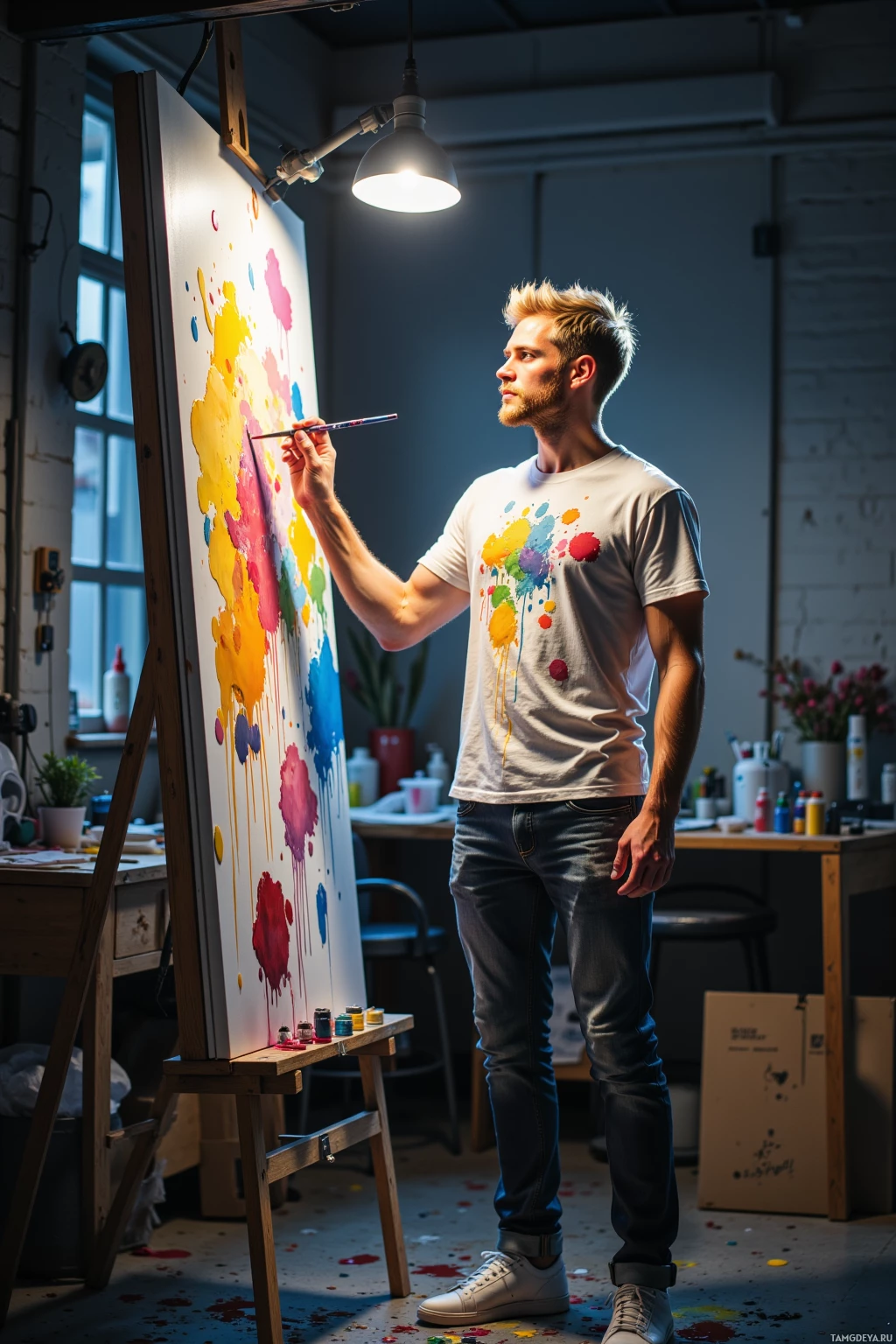 A man paints on a canvas in a studio with colorful splatters of paint.