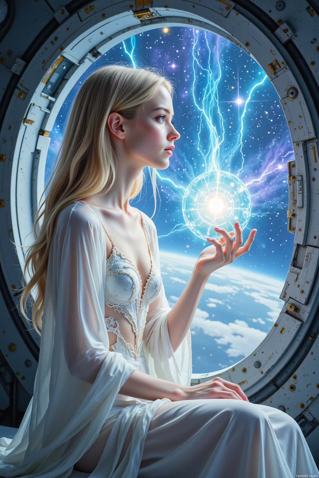 A woman in a white dress sits inside a spacecraft, gazing out at a cosmic scene with lightning and stars.