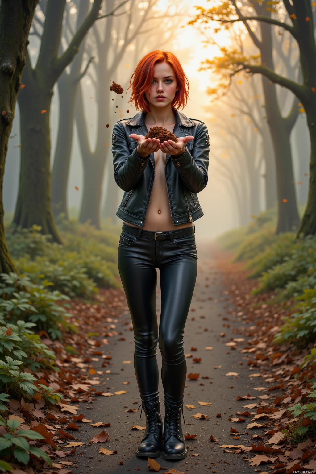 A woman in a leather jacket and pants stands in a misty forest path, holding a handful of soil.