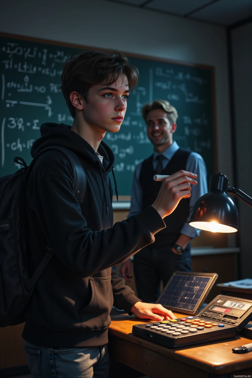A student in a classroom setting, holding a lamp and a calculator, with a teacher in the background.