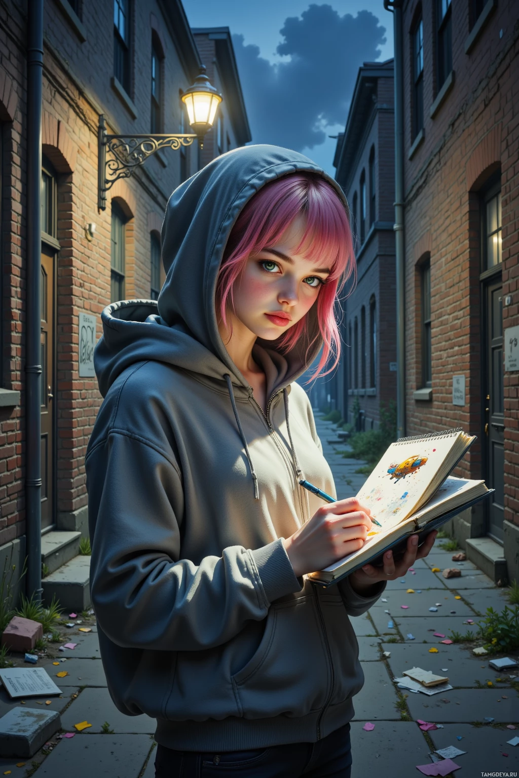 A person wearing a hoodie and holding a sketchbook stands in an alleyway at dusk.