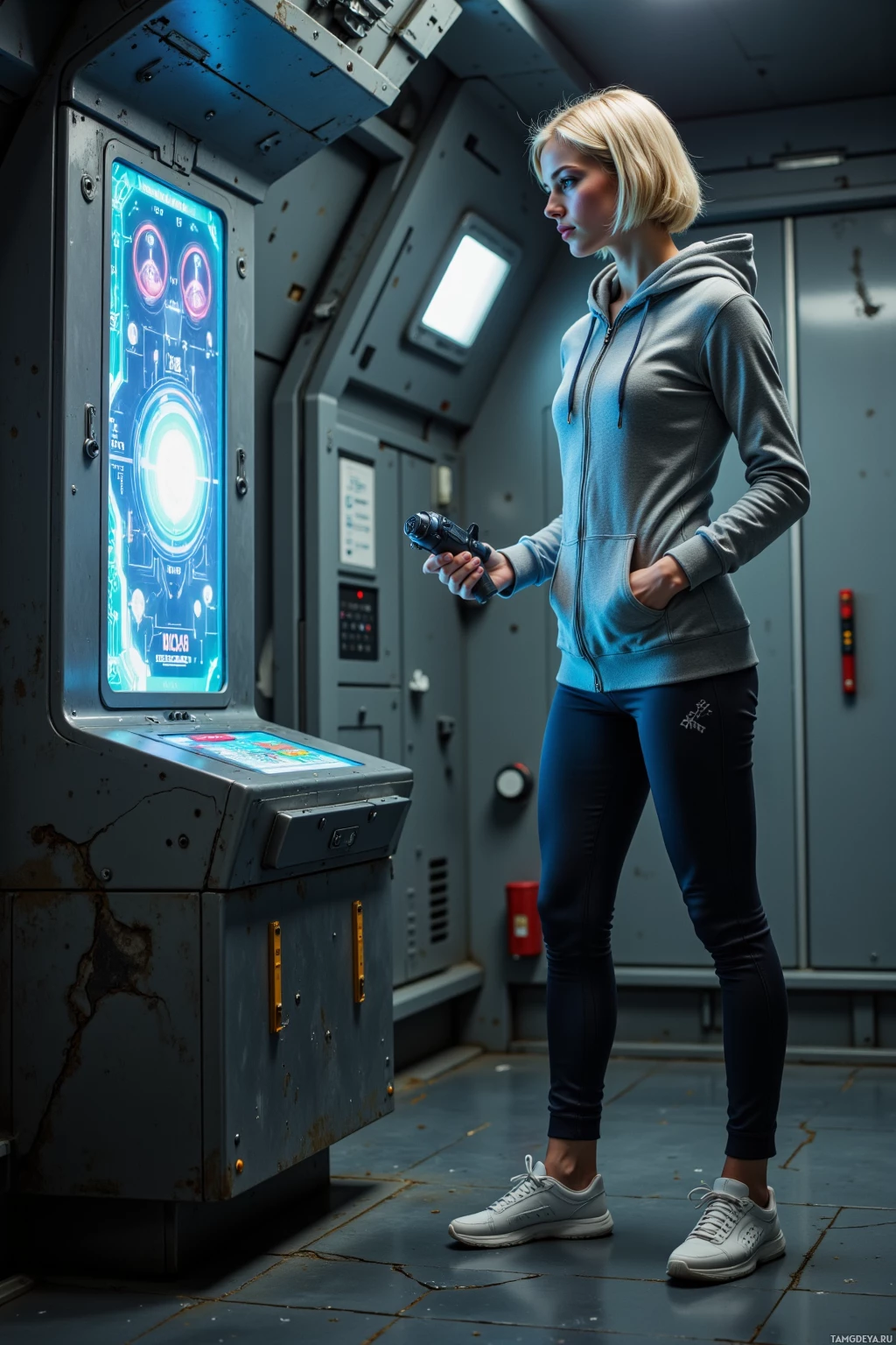 A person in a hoodie stands in a futuristic setting, interacting with a control panel.