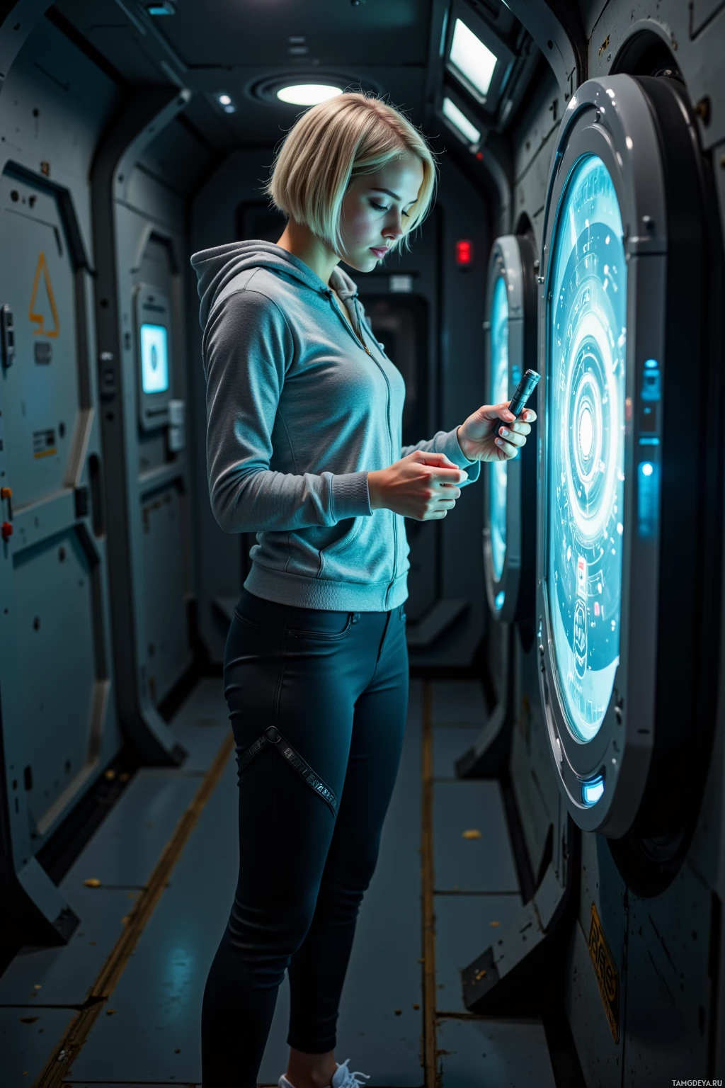 A person in a futuristic setting, holding a device, stands near a large circular display.