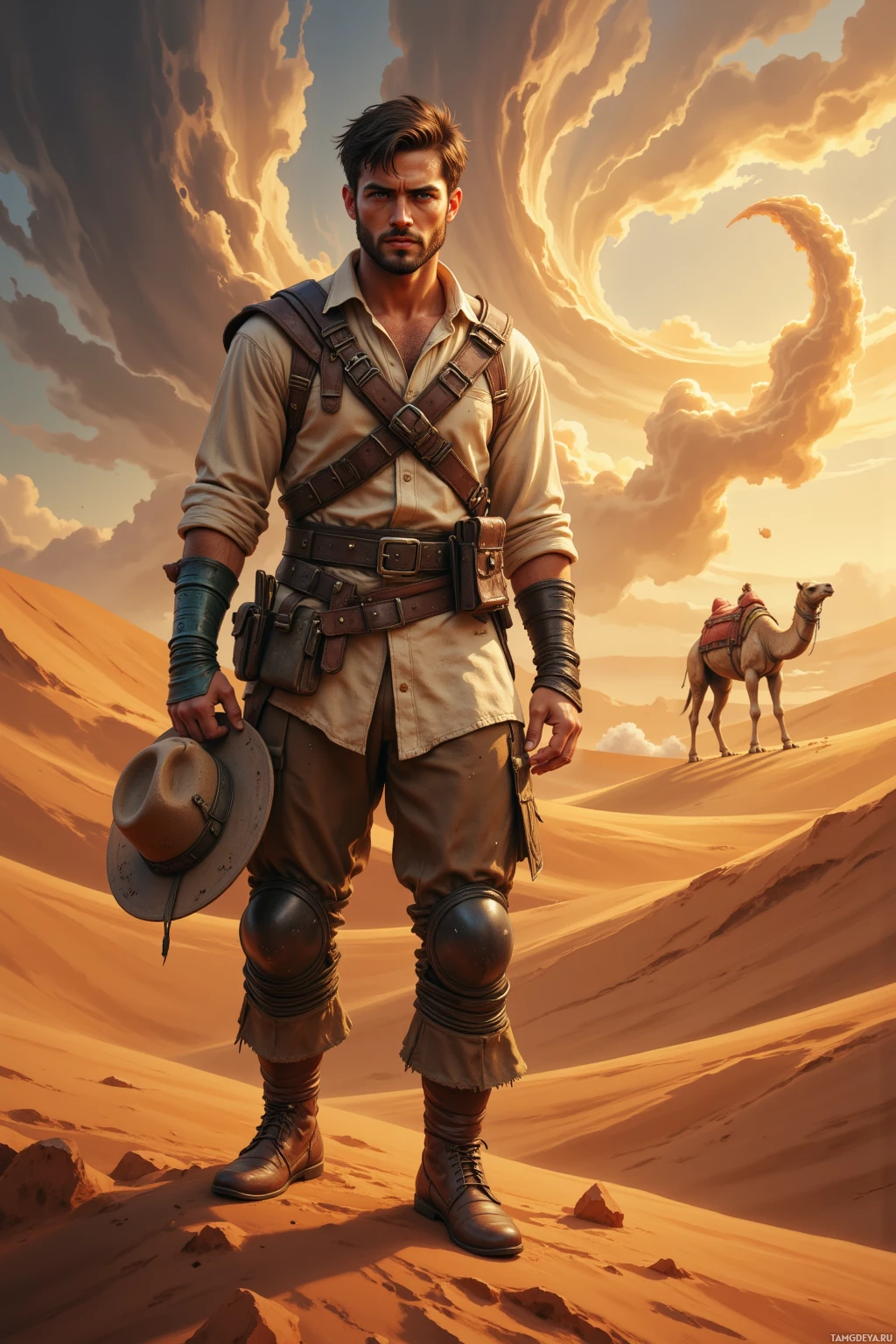 A rugged adventurer stands in a desert landscape, holding a hat, with a camel and dramatic clouds in the background.