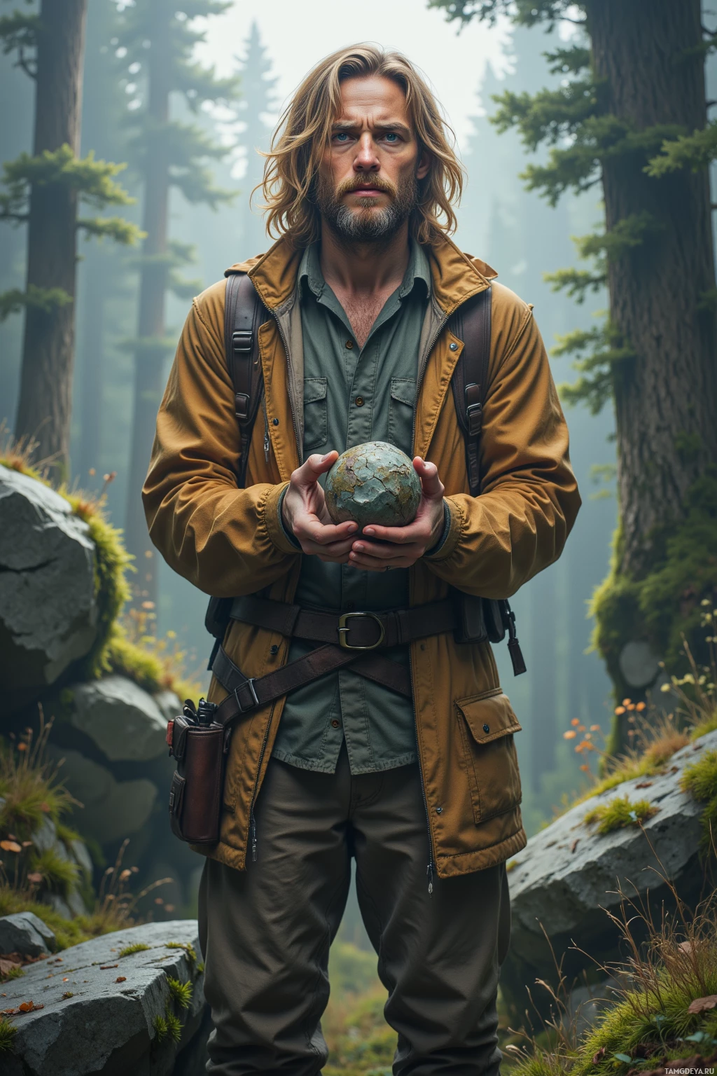 A man in outdoor attire holds a rock in a forest setting.