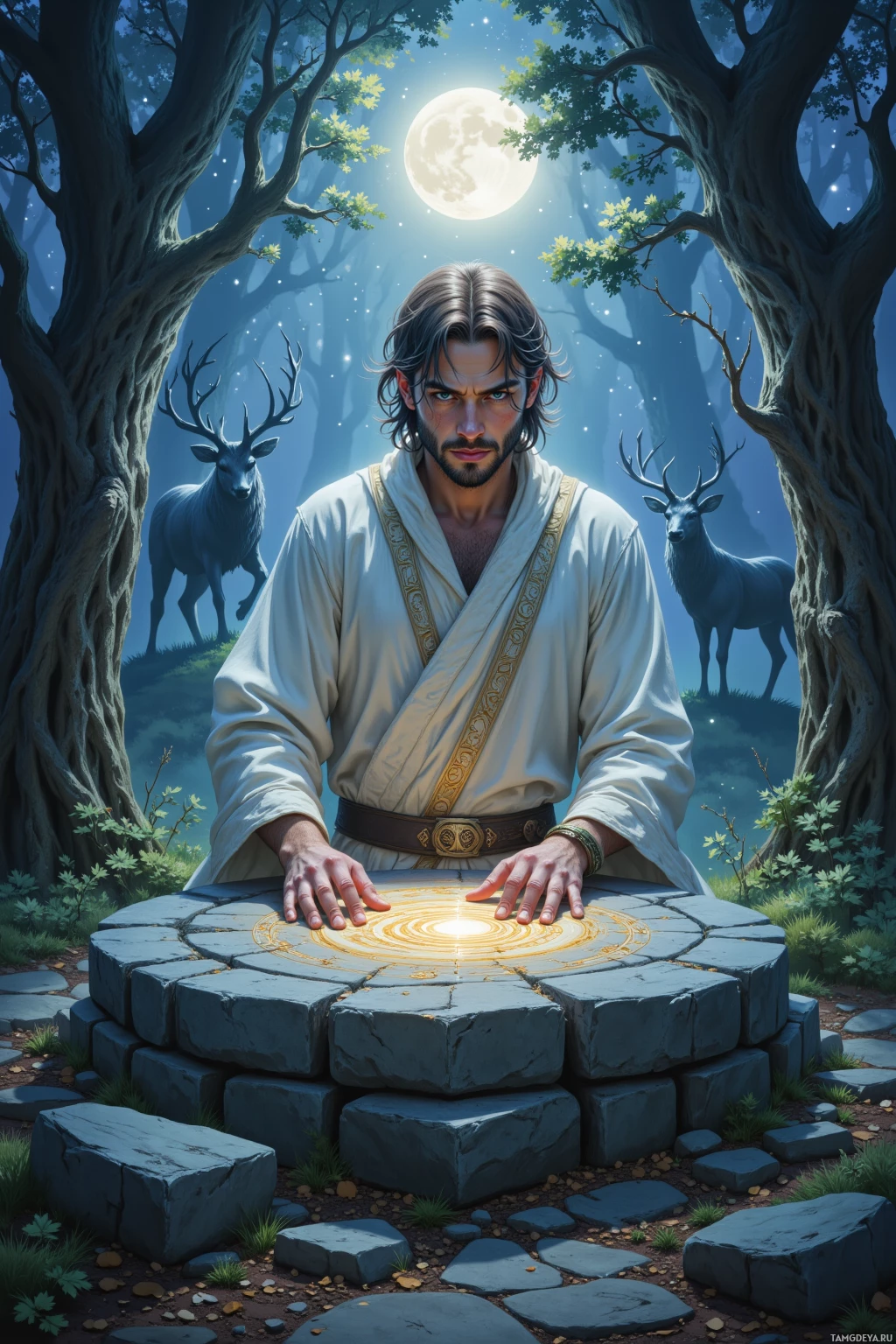 A man in a white robe stands in a forest at night, hands resting on a glowing stone circle, with a deer in the background.