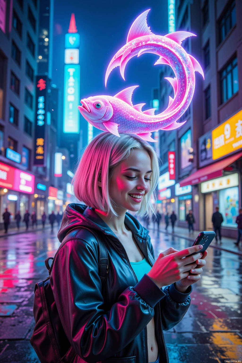 A person stands in a neon-lit city street, holding a phone, with a glowing fish above their head.